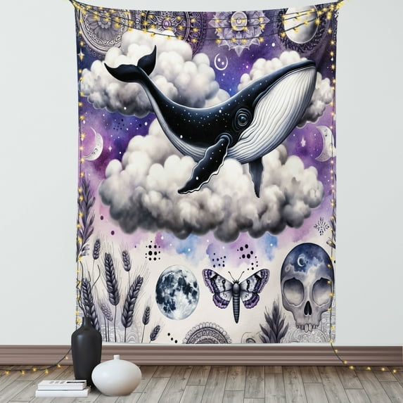 Ambesonne Purple Tapestry Wall Hanging, Whale Clouds Mandala Skull, 60"x80", Lavender Dark Indigo