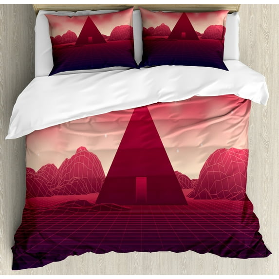 Ambesonne Pyramid Duvet Cover Sets, Retrowave Inspired Graphics, 2-Queen, Pink and Dark Mauve