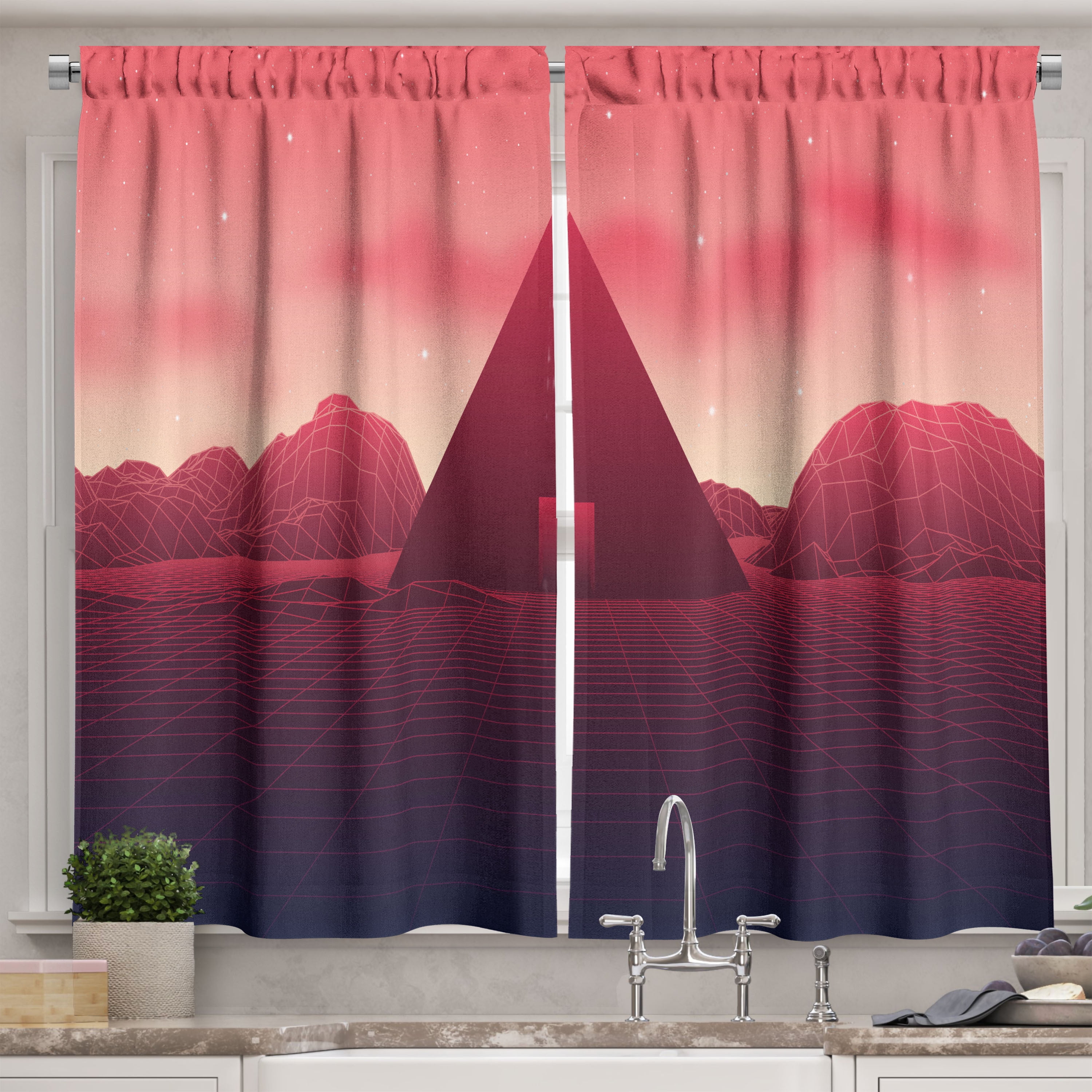 Ambesonne Pyramid Kitchen Curtains, Retrowave Inspired Graphics, 55"x45