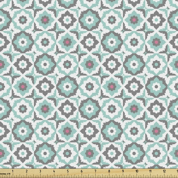 Ambesonne Quatrefoil Fabric by the Yard Upholstery, Retro Pastel Floral, 10 Yards, Turquoise Grey White