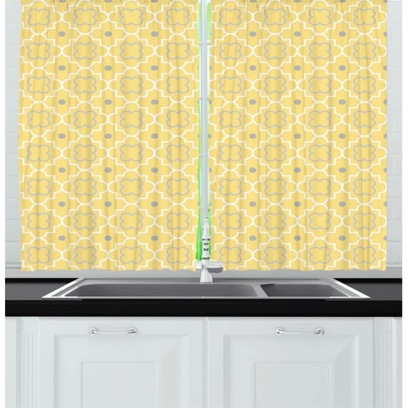 Ambesonne Quatrefoil Kitchen Curtains, Pattern with Moroccan, 55"x39", Pale Yellow