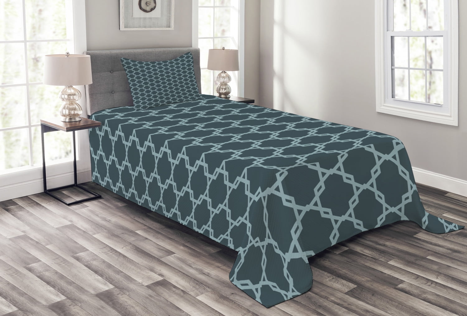 Twin Blue Quilted Bedspread Set with Pillow Sham
