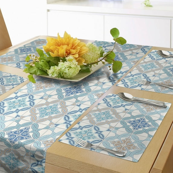 Ambesonne Quatrefoil Table Runner & Placemats, Tangled Modern Tile, Placemat 4 pcs + Runner 16"x72", Blue Tan White