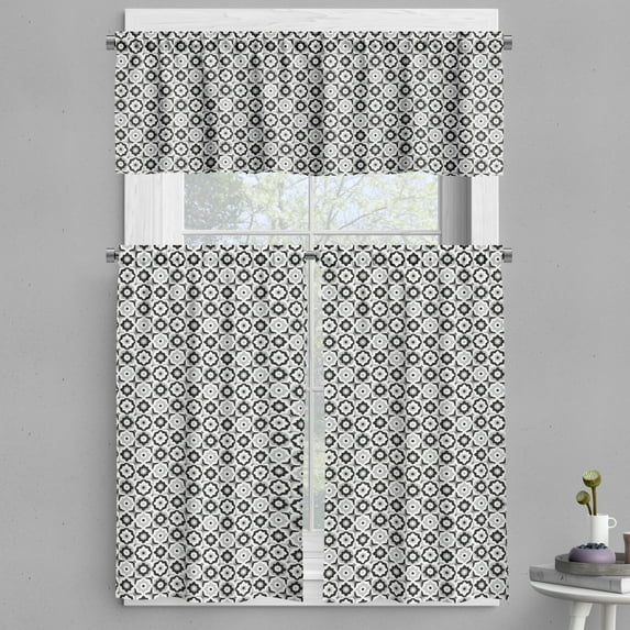 Ambesonne Quatrefoil Valance & Curtain, Monochrome Daisies, 55"x45", Black Grey White
