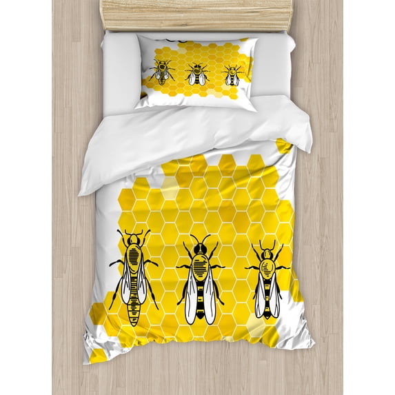 Ambesonne Queen Bee Duvet Cover Sets, Graphics of Drone Worker, 2-Twin, Earth Yellow Grey