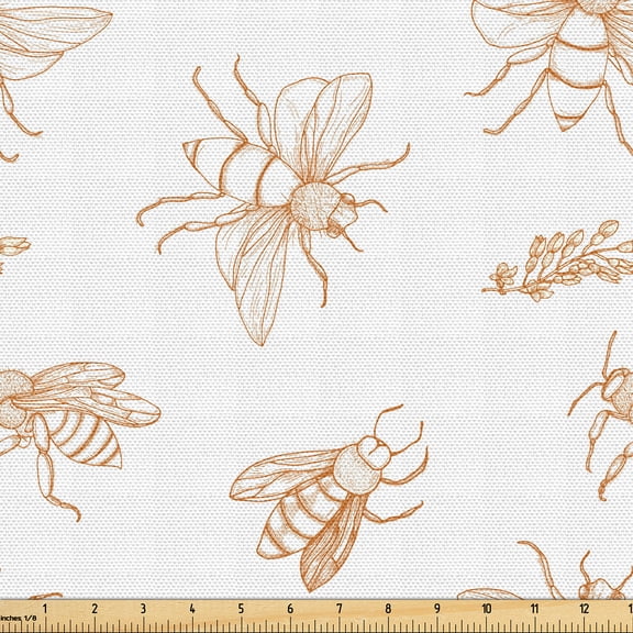Ambesonne Queen Bee Fabric by the Yard Upholstery, Outline Drawings Pattern, 2 Yards, Amber and White