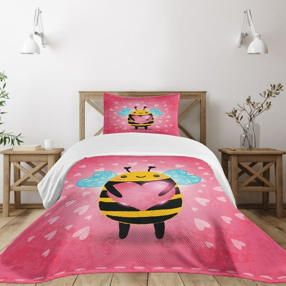 Ambesonne Queen Bee Quilted Bedspread Set 2 Pcs, Bumblebee Cartoon, Twin Size, Coral Pale Blue Yellow