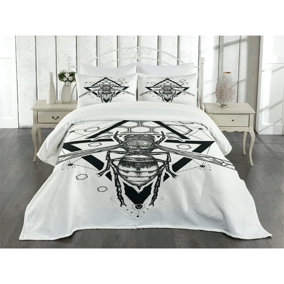 Ambesonne Queen Bee Quilted Bedspread Set 3 Pcs, Beehive Pattern Bug, Queen Size, Black White