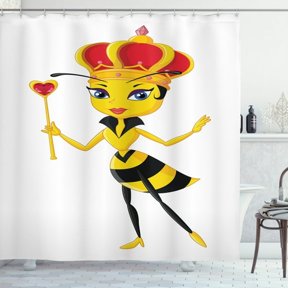 Ambesonne Queen Bee Shower Curtain, Cartoon Style Bee, 69"Wx84"L, Scarlet Black Yellow