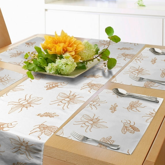 Ambesonne Queen Bee Table Runner & Placemats, Outline Drawings Pattern, Placemat 4 pcs + Runner 16"x72", Amber and White