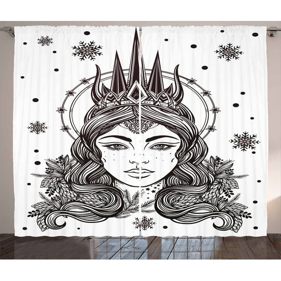 Ambesonne Queen Curtains 2 Panel Set, Fantasy Snow Queen Art, 108" x 90", White and Black