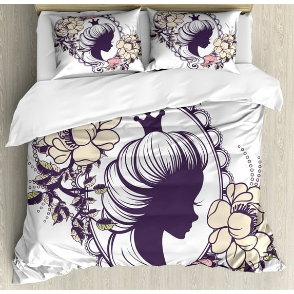 Ambesonne Queen Duvet Cover Sets, Cartoon Portrait Frame, 2-King, Plum Ivory Coral