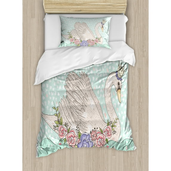 Ambesonne Queen Duvet Cover Sets, Cartoon Swan on Water, 2-Twin, Mint Green Beige Coral