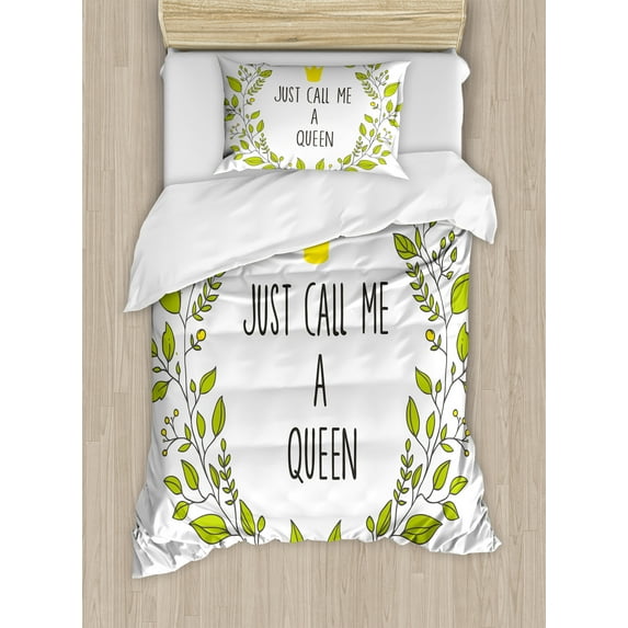 Ambesonne Queen Duvet Cover Sets, Green Wreath Words Crown, 2-Twin, Grey Apple Green