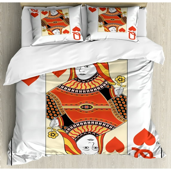 Ambesonne Queen Duvet Cover Sets, Playing Poker Card Deck, 2-Queen, Vermilion Yellow White