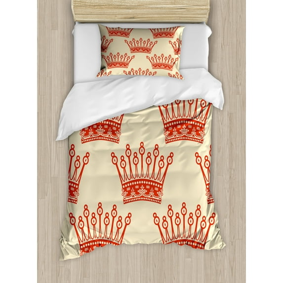 Ambesonne Queen Duvet Cover Sets, Vintage Red Crown Pattern, 2-Twin, Grey Yellow Vermilion