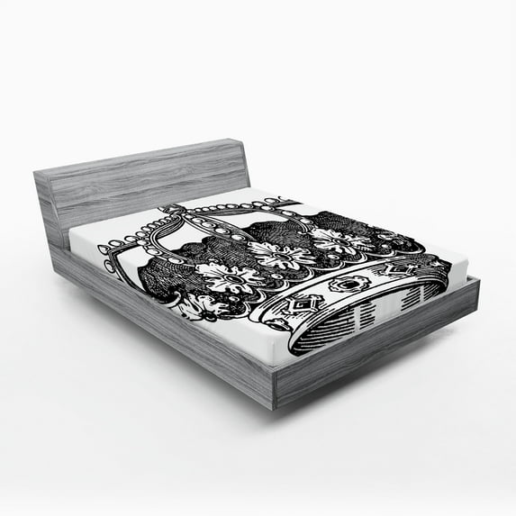 Ambesonne Queen Fitted Sheet, Antique Royal Monarch, Full Size, Black and White
