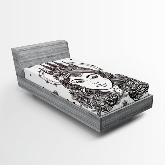 Ambesonne Queen Fitted Sheet, Fantasy Snow Queen Art, Twin XL Size, White and Black