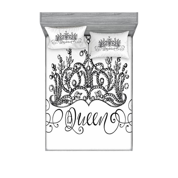 Ambesonne Queen Fitted Sheet & Pillow Sham Set, Crown Lettering Baroque, Queen, Black and White