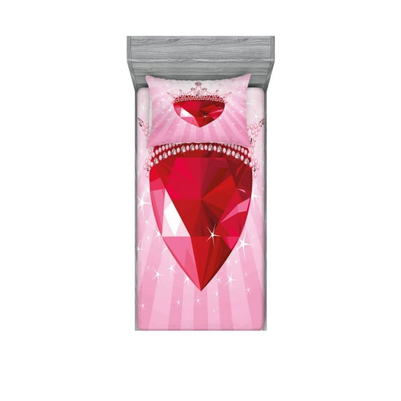 Ambesonne Queen Fitted Sheet & Pillow Sham Set, Red Heart Crown Girls, Twin, Pink Red
