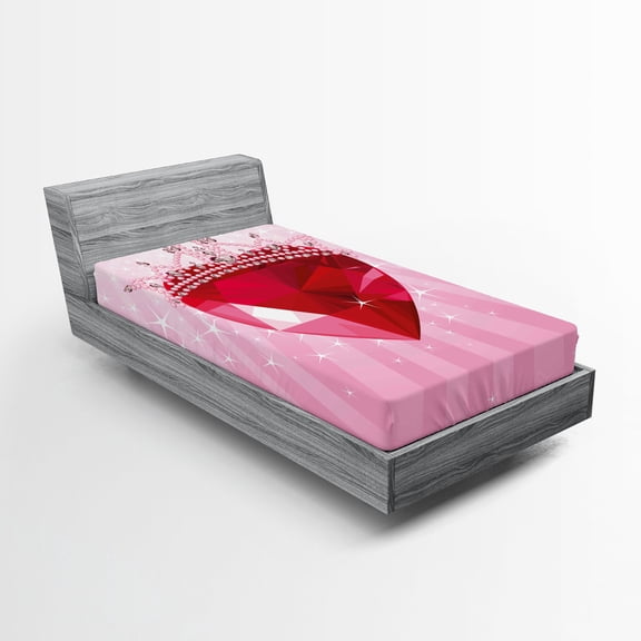 Ambesonne Queen Fitted Sheet, Red Heart Crown Girls, Twin Size, Pink Red