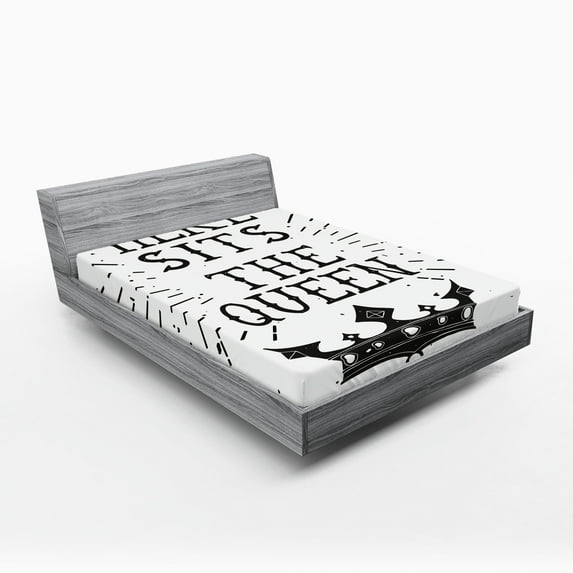 Ambesonne Queen Fitted Sheet, Vintage Words and Crown, Full Size, Charcoal Grey White