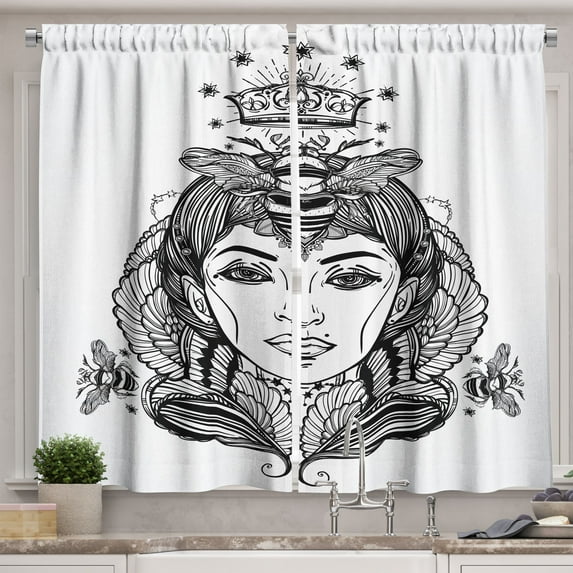 Ambesonne Queen Kitchen Curtains, Folk Fantasy Art, 55"x39", Dark Brown and White