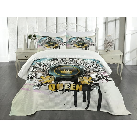 Ambesonne Queen Quilted Bedspread Set 3 Pcs, Arms Shield Design, Queen Size, Multicolor