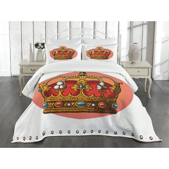 Ambesonne Queen Quilted Bedspread Set 3 Pcs, Baroque Crown Coronet, Queen Size, Multicolor