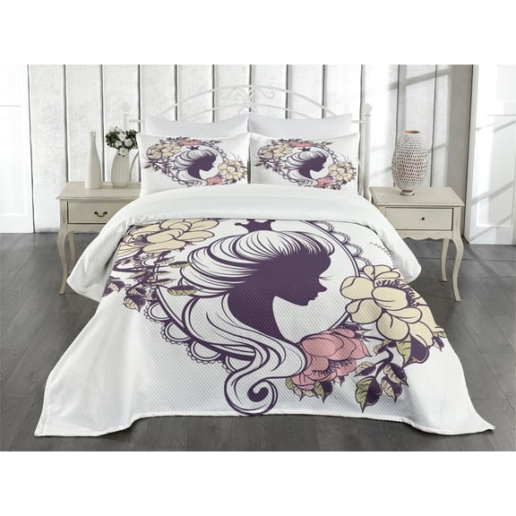 Ambesonne Queen Quilted Bedspread Set 3 Pcs, Cartoon Portrait Frame, King Size, Plum Ivory Coral
