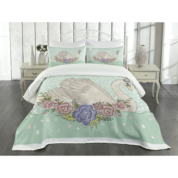Ambesonne Queen Quilted Bedspread Set 3 Pcs, Cartoon Swan on Water, King Size, Mint Green Beige Coral