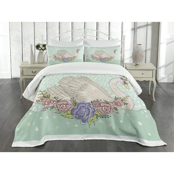 Ambesonne Queen Quilted Bedspread Set 3 Pcs, Cartoon Swan on Water, King Size, Mint Green Beige Coral