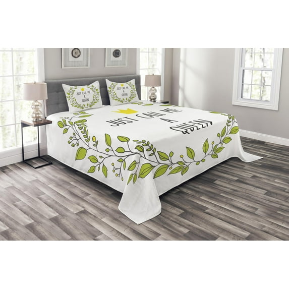 Ambesonne Queen Quilted Bedspread Set 3 Pcs, Green Wreath Words Crown, King Size, Grey Apple Green