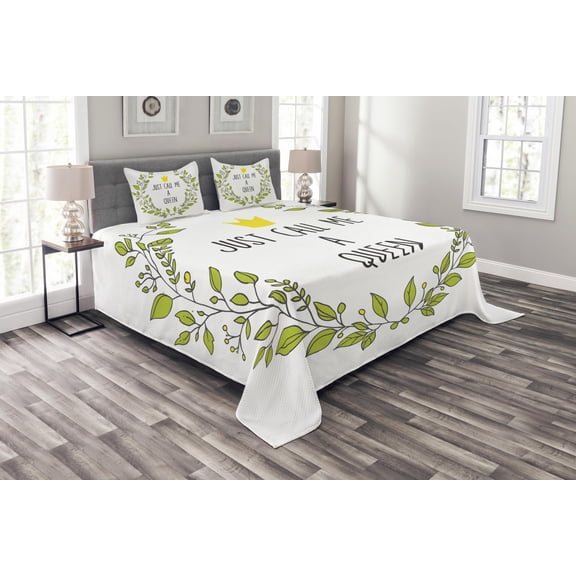 Ambesonne Queen Quilted Bedspread Set 3 Pcs, Green Wreath Words Crown, Queen Size, Grey Apple Green