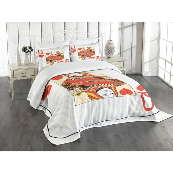 Ambesonne Queen Quilted Bedspread Set 3 Pcs, Playing Poker Card Deck, Queen Size, Vermilion Yellow White