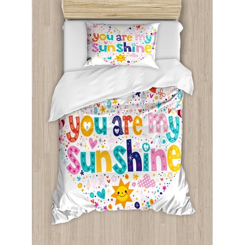 Ambesonne Quotes Heart Shaped Sunshine Motivational Quote with Stars Circle Sun Cloud Kids Decor Duvet Cover Set