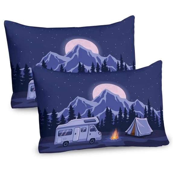 Ambesonne RV Pillow Sham 2 Pack, Family Adventure Camping Forest, 36"x20", Violet Blue Dark Blue