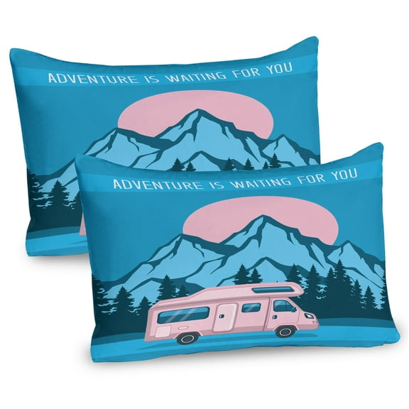 Ambesonne RV Pillow Sham 2 Pack, Road Trip with Caravan Pines, 36"x20", Pale Pink Blue