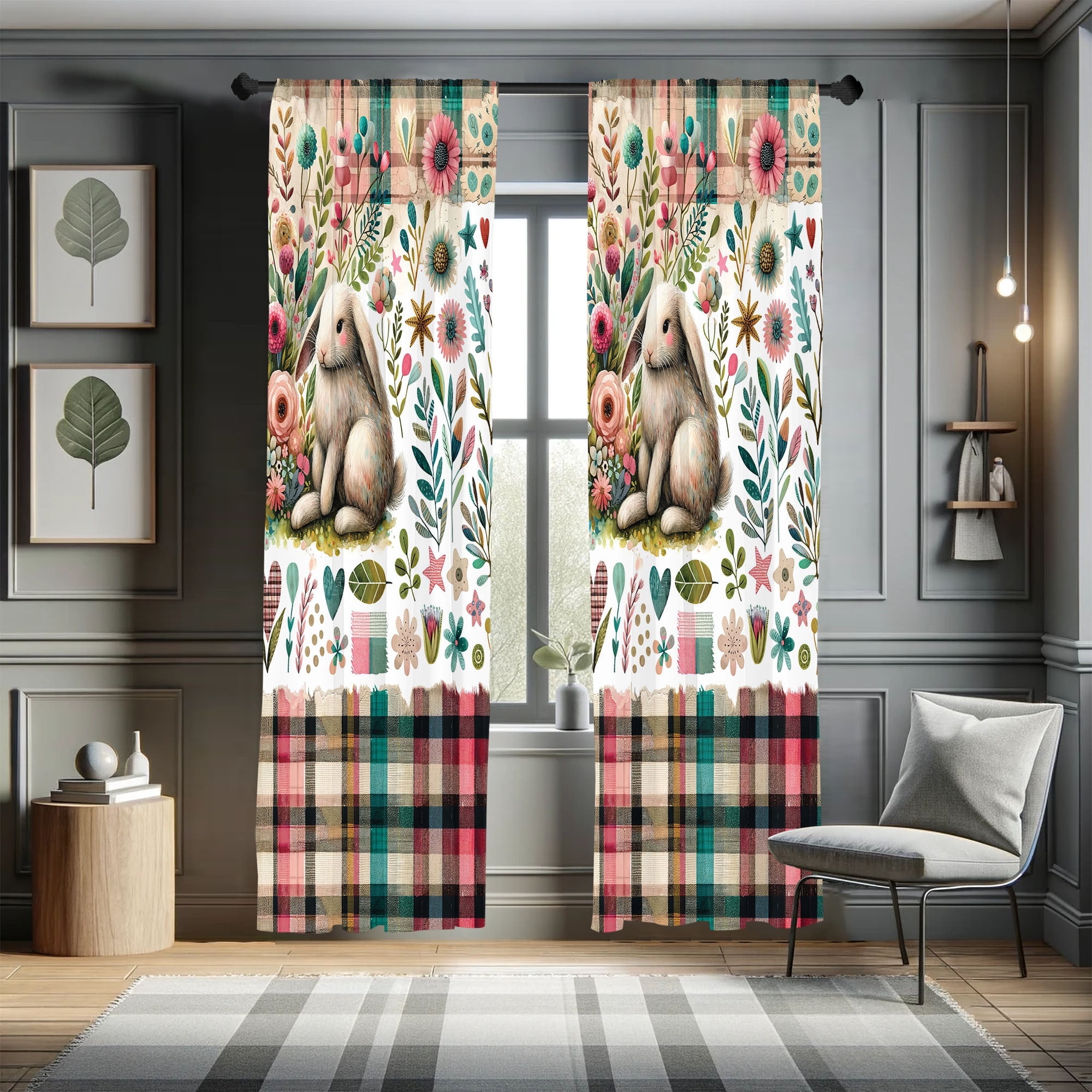 Ambesonne Rabbit Curtains 2 Panel Set, Peaceful Spring Floral Leafy ...