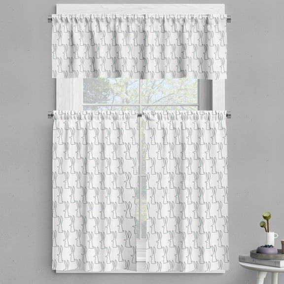 Ambesonne Rabbit Valance & Curtain, Minimal Line Art Bunny Motif, 55"x36", White and Grey