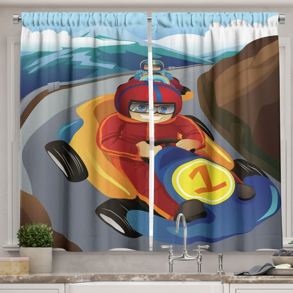 Ambesonne Race Car Kitchen Curtains, Boys in Go Kart on Road, 55"x36", Multicolor