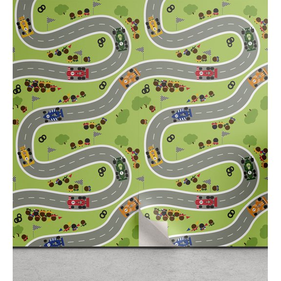 Ambesonne Race Car Peel & Stick Wallpaper for Home, Racing Road Map Overview, 13"x36", Apple Green Multicolor
