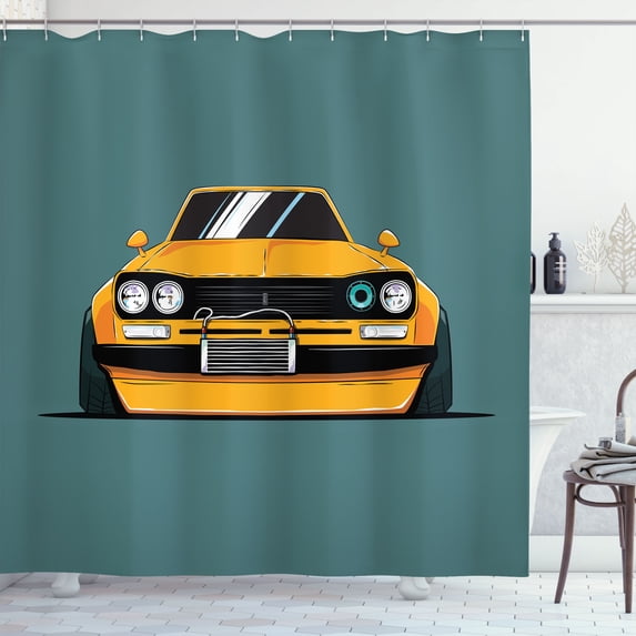 Ambesonne Race Car Shower Curtain, Vintage Automobile Front, 69"Wx75"L, Dark Cadet Blue and Orange