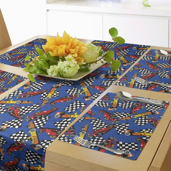 Ambesonne Race Car Table Runner & Placemats, Cartoon Flags Automobile, Placemat 4 pcs + Runner 14"x90", Cobalt Blue and Multicolor