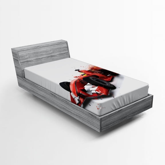 Ambesonne Race Themed Fitted Sheet, Formula Racing Print, Twin Size, Black Red
