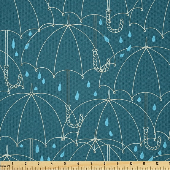 Ambesonne Rain Fabric by the Yard Microfiber, Doodle Contour Umbrellas, 2 Yards, Dark Teal White and Blue