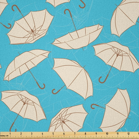 Ambesonne Rain Fabric by the Yard Microfiber, Open Umbrella Drawings Pattern, 10 Yards, Aqua Eggshell Cocoa