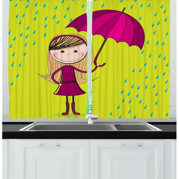 Ambesonne Rain Kitchen Curtains, Little Girl Under Raindrop, 55"x39", Yellow Green Magenta