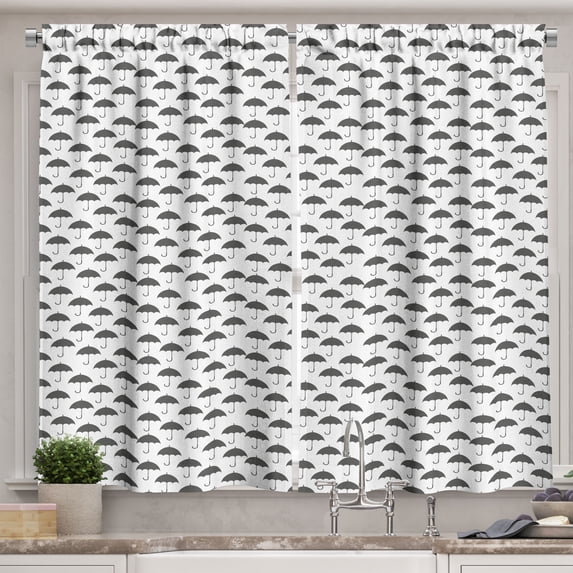 Ambesonne Rain Kitchen Curtains, Umbrella Greyscale Pattern, 55"x36", Grey and White