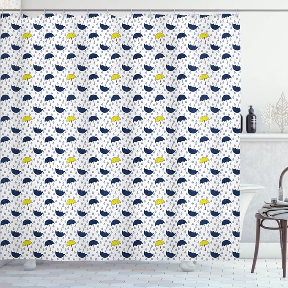 Ambesonne Rain Shower Curtain, Umbrellas and Fallen Drops, 69"Wx70"L, White Dark Blue Yellow